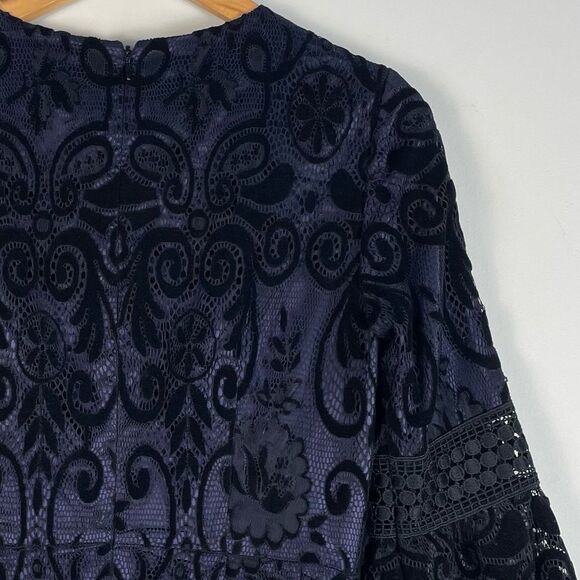 Eliza J Black Blue Burnout Velvet Lace Bell‎ Sleeve Fit and Flare Dress Size 4 - Picture 13 of 14
